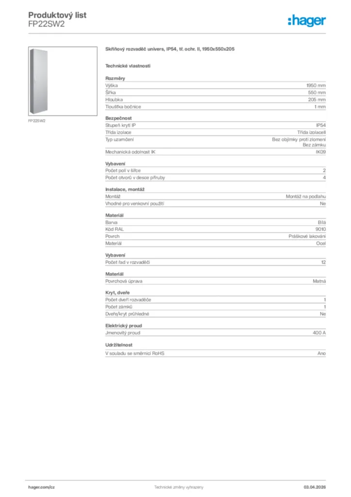Obrázek Hager Product data sheet FP22SW2 | Hager