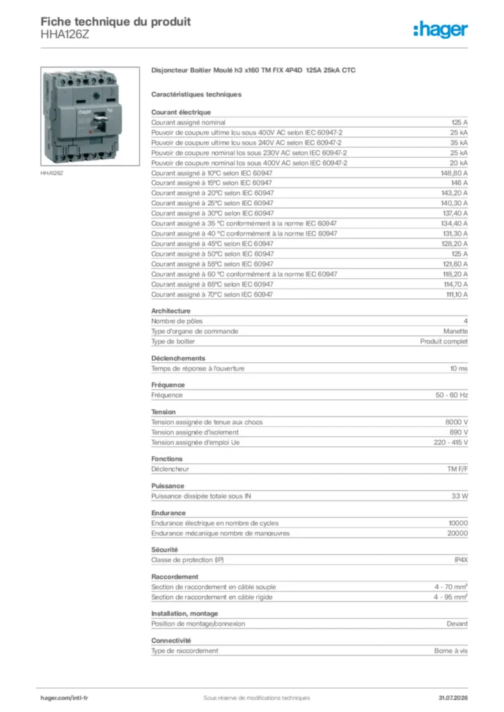 Image Hager Fiche technique du produit HHA126Z | Hager Afrique