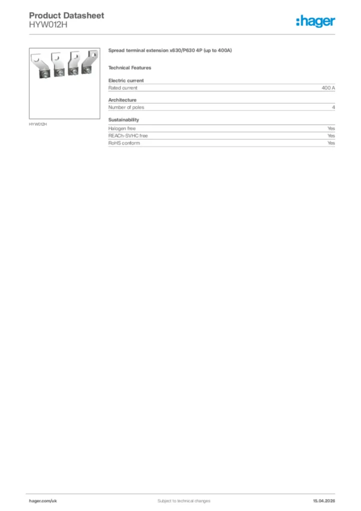 Image Hager Product data sheet HYW012H  | Hager