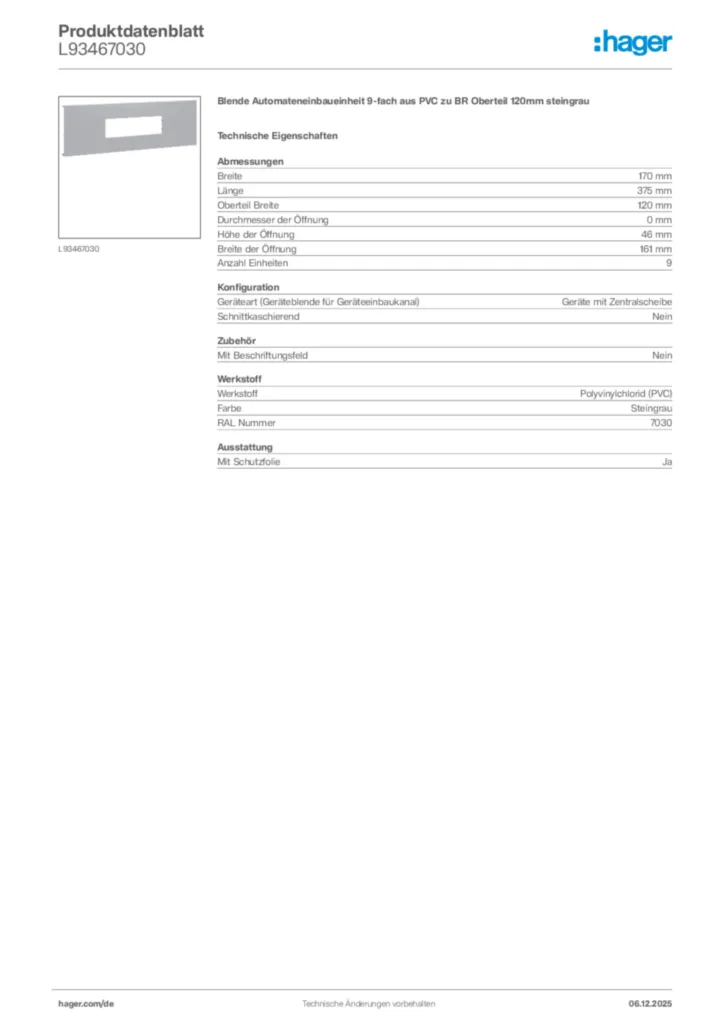 Bild Hager Produktdatenblatt L93467030 | Hager Deutschland