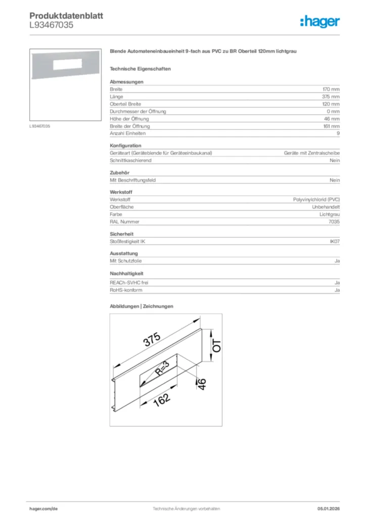 Bild Hager Produktdatenblatt L93467035 | Hager Deutschland
