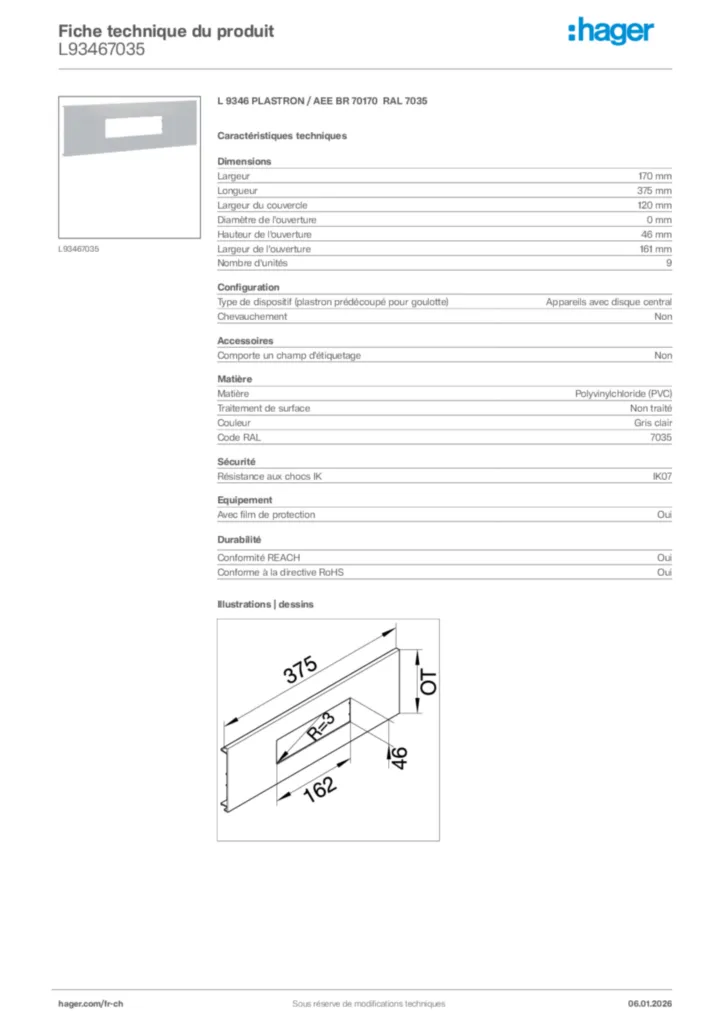 Image Hager Fiche technique du produit L93467035 | Hager Suisse