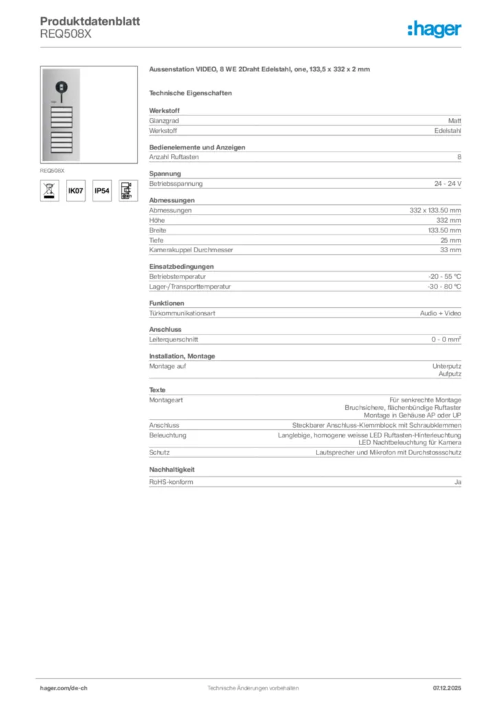 Bild Hager Produktdatenblatt REQ508X | Hager Schweiz