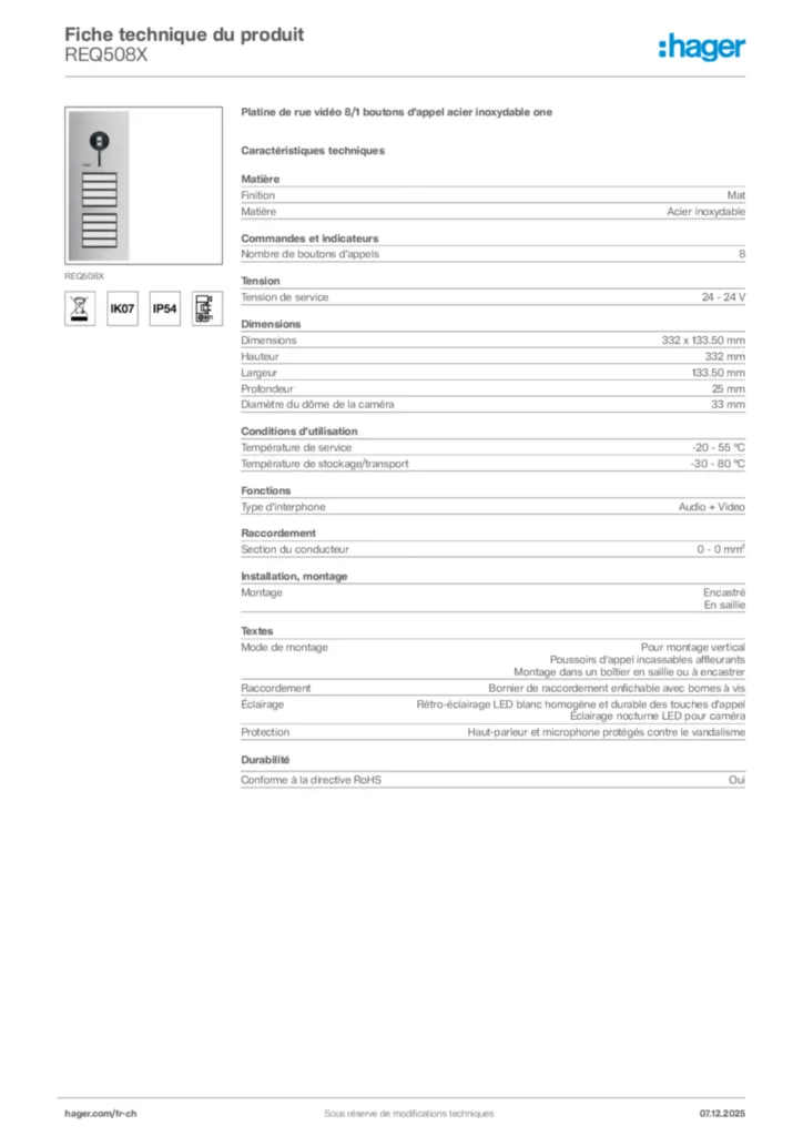 Image Hager Fiche technique du produit REQ508X | Hager Suisse