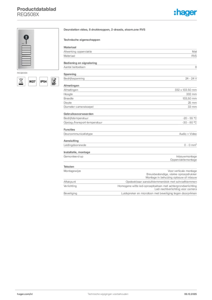 Afbeelding Hager Productdatablad REQ508X | Hager Nederland