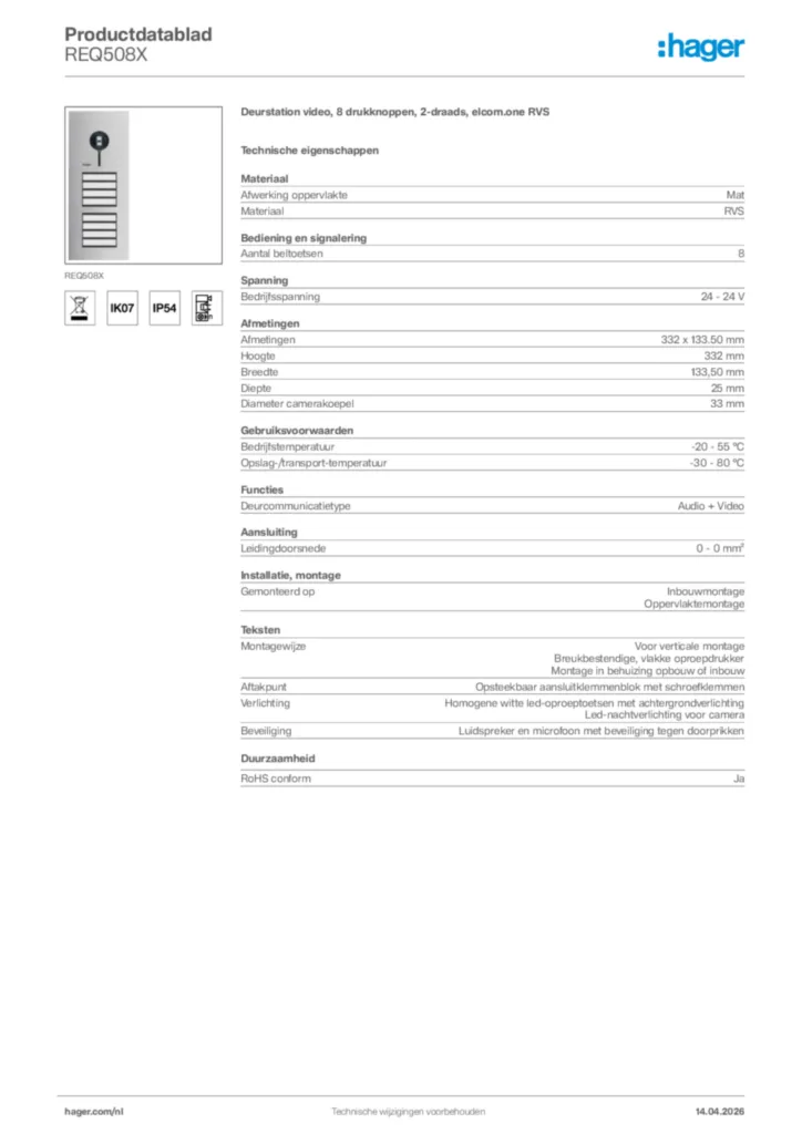 Afbeelding Hager Productdatablad REQ508X | Hager Nederland