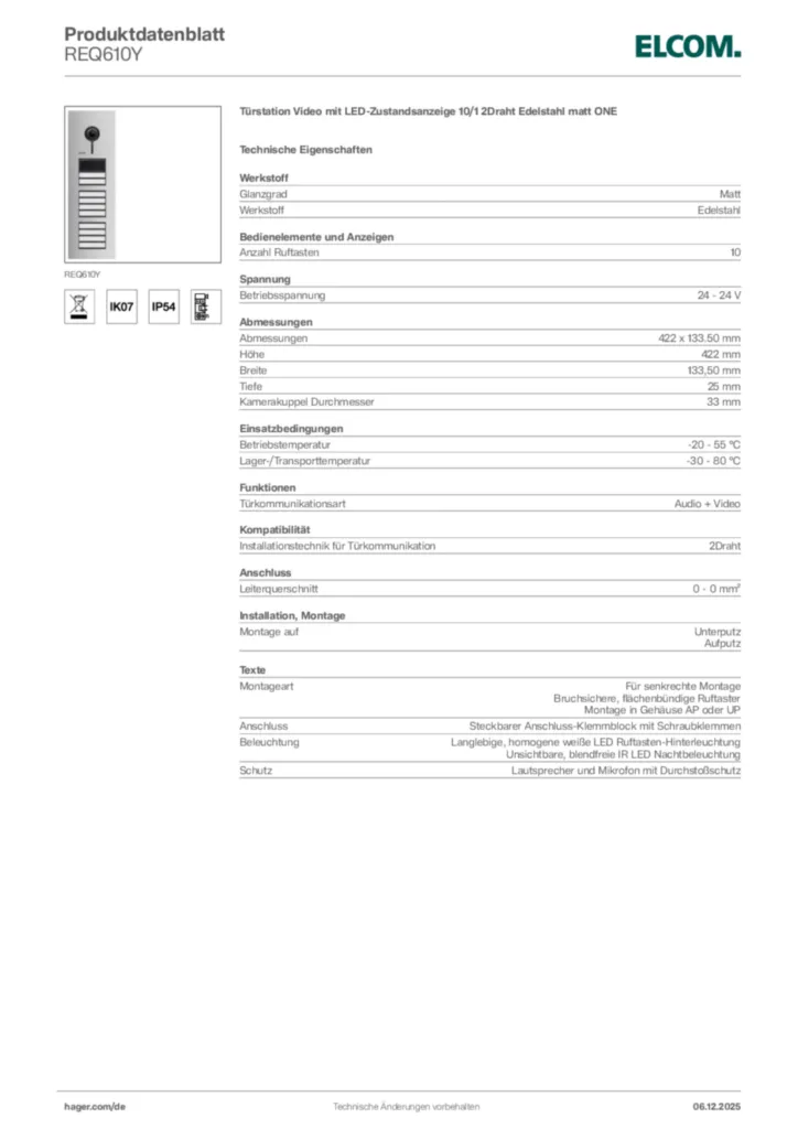 Bild Elcom Produktdatenblatt REQ610Y | Hager Deutschland