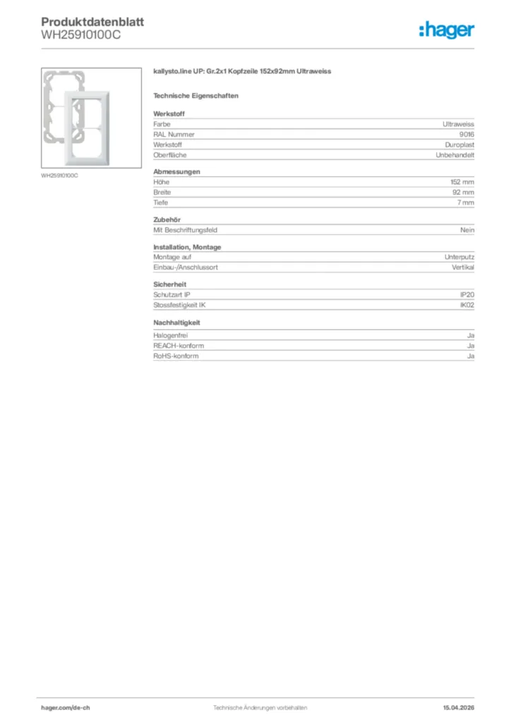 Bild Hager Produktdatenblatt WH25910100C | Hager Schweiz