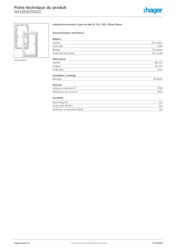 Image Hager Fiche technique du produit WH25910100C | Hager Suisse