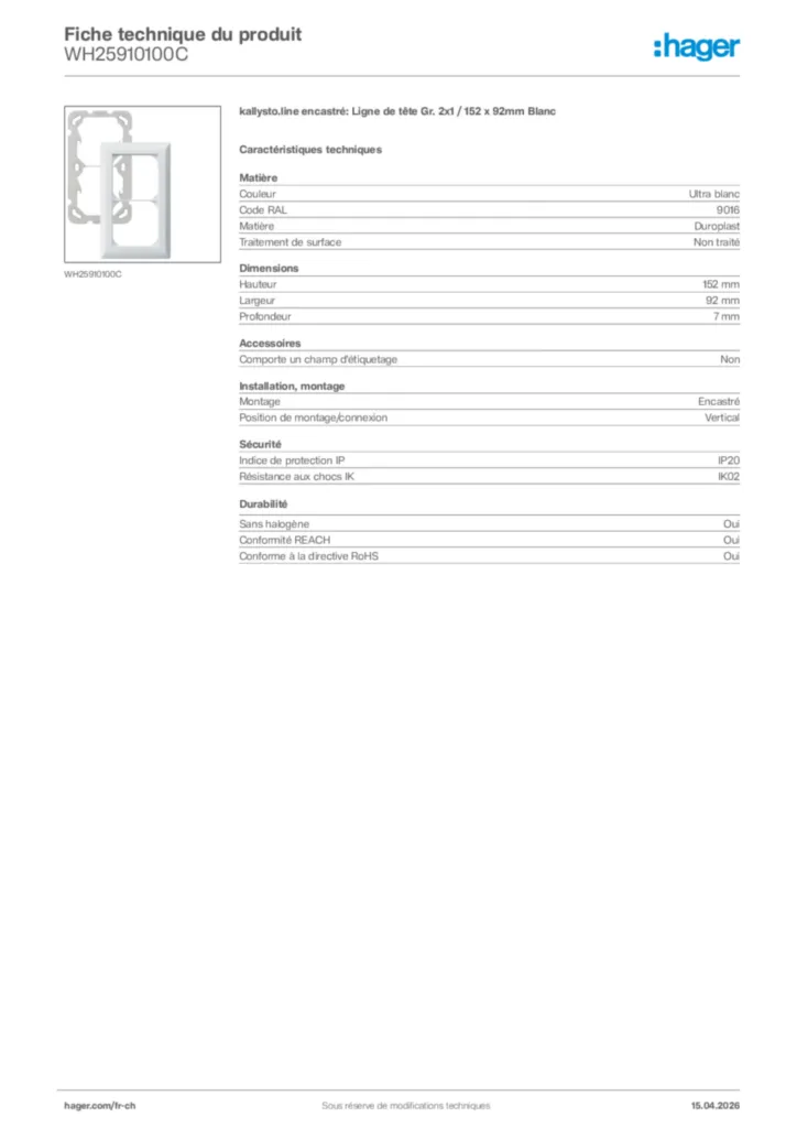 Image Hager Fiche technique du produit WH25910100C | Hager Suisse