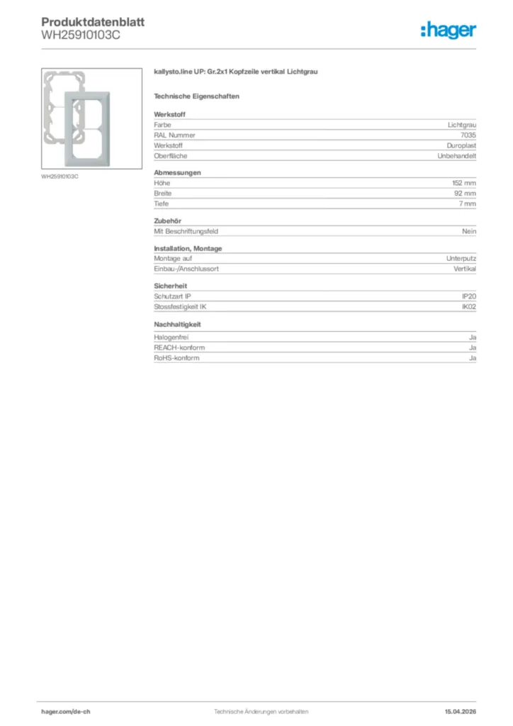 Bild Hager Produktdatenblatt WH25910103C | Hager Schweiz