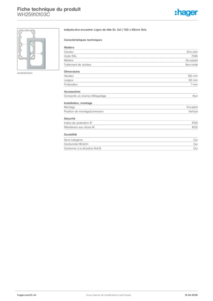 Image Hager Fiche technique du produit WH25910103C | Hager Suisse