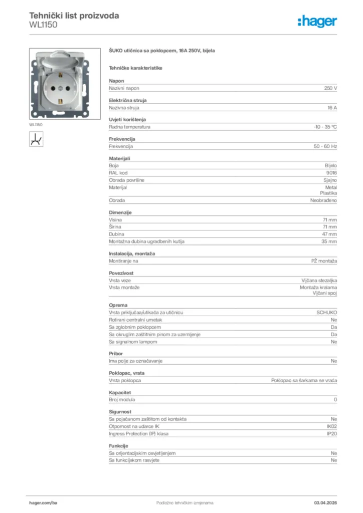 Slika Hager Tehnički list proizvoda WL1150  | Hager
