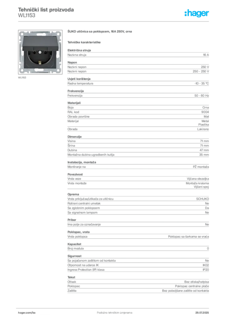 Slika Hager Product data sheet WL1153  | Hager