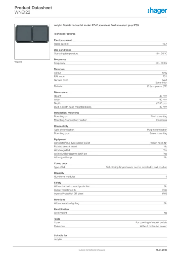 Image Hager Product data sheet WNE122  | Hager Africa