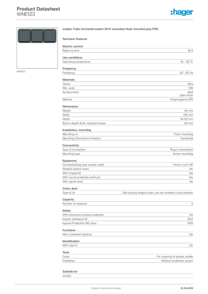 Image Hager Product data sheet WNE123  | Hager Africa