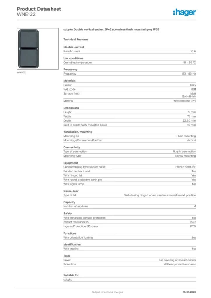 Image Hager Product data sheet WNE132  | Hager Africa