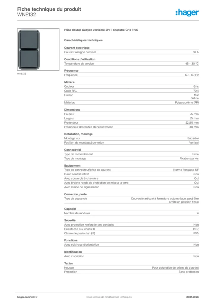 Image Hager Fiche technique du produit WNE132 | Hager Afrique