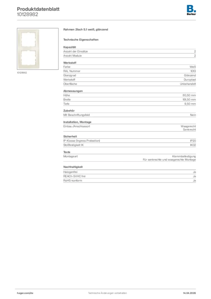 Bild Berker Produktdatenblatt 10128982 | Hager Deutschland