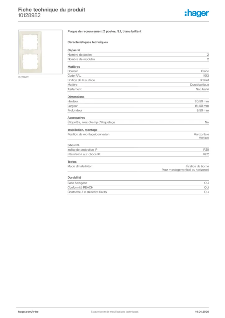 Image Hager Fiche technique du produit 10128982 | Hager Belgique