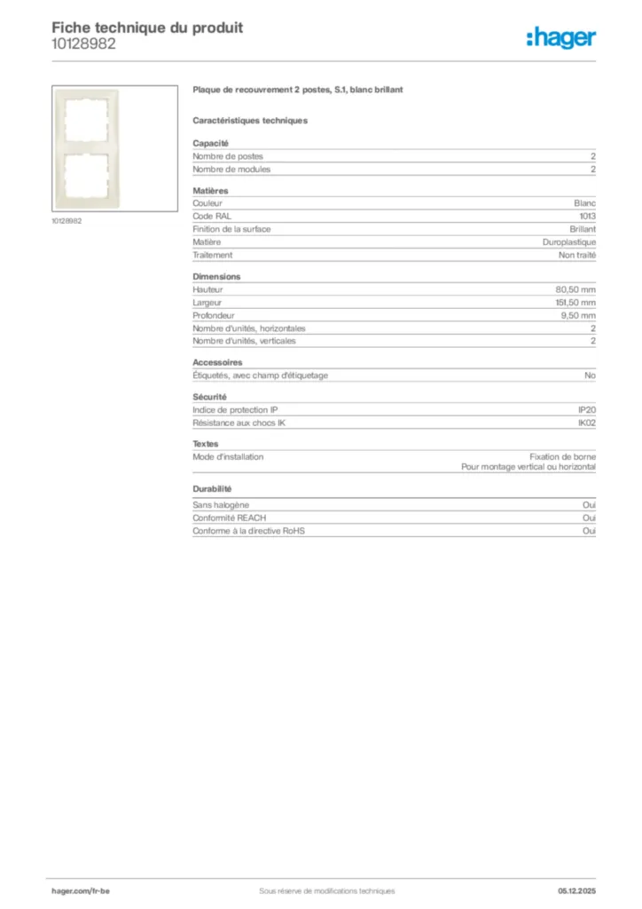 Image Hager Fiche technique du produit 10128982 | Hager Belgique