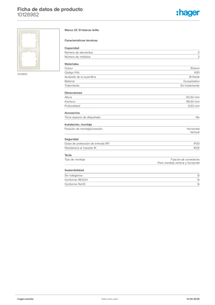 Imagen Hager Ficha de datos de producto 10128982 | Hager España