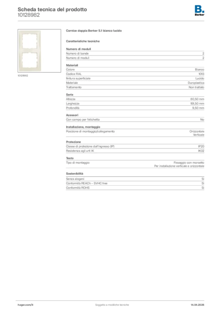 Immagine Berker Scheda tecnica del prodotto 10128982 | Hager Italia