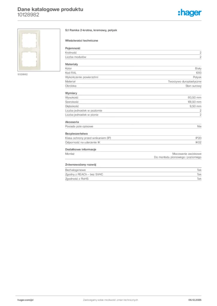 Zdjęcie Hager Karta katalogowa 10128982 | Hager Polska