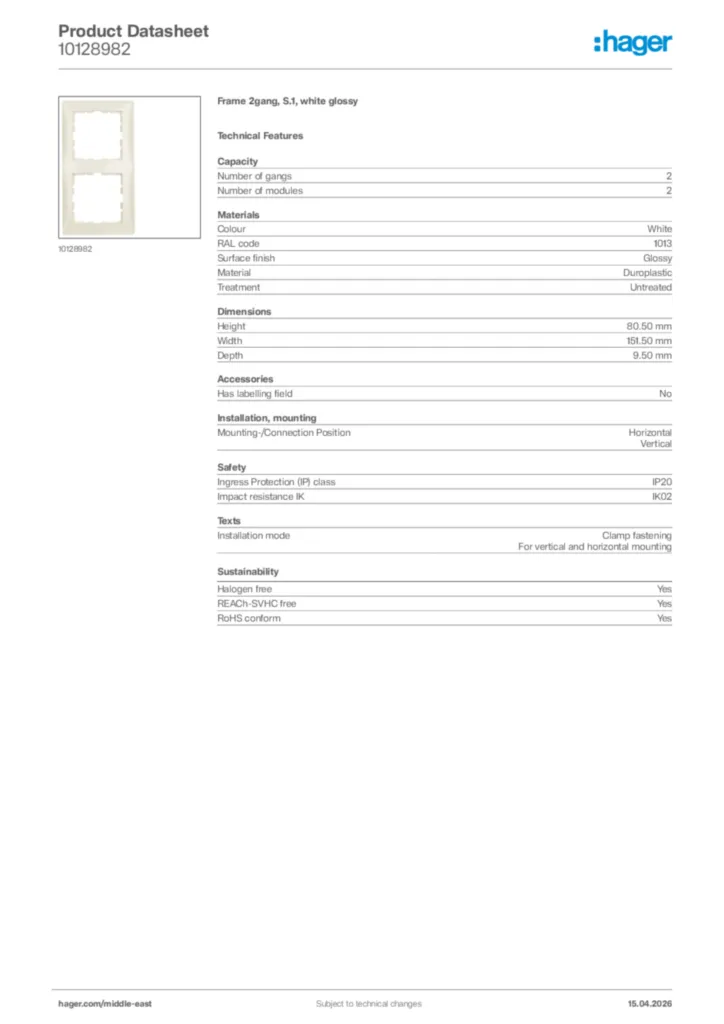 Image Hager Product data sheet 10128982  | Hager