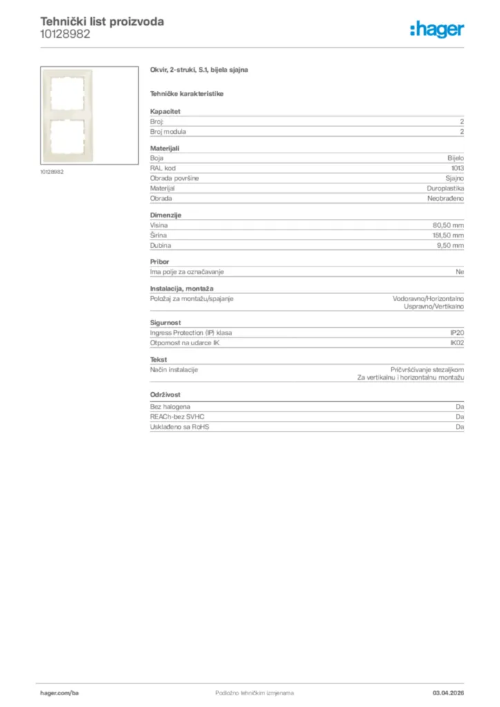 Slika Hager Tehnički list proizvoda 10128982  | Hager