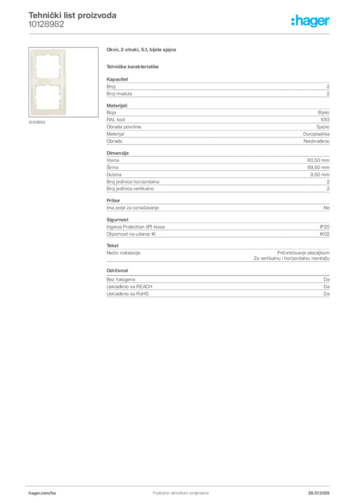Slika Hager Product data sheet 10128982  | Hager
