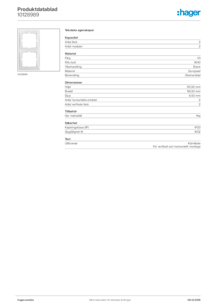 Bild Hager Produktdatablad 10128989 | Hager Sverige