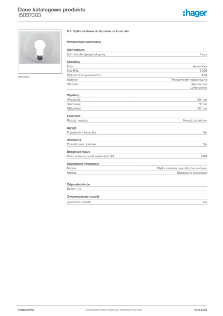 Zdjęcie Hager Karta katalogowa 15057003 | Hager Polska