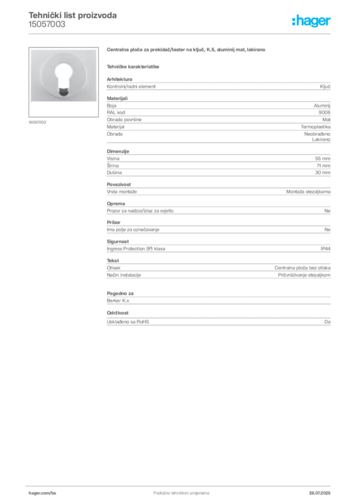 Slika Hager Product data sheet 15057003  | Hager