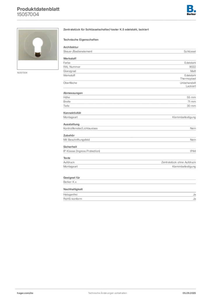 Bild Berker Produktdatenblatt 15057004 | Hager Deutschland