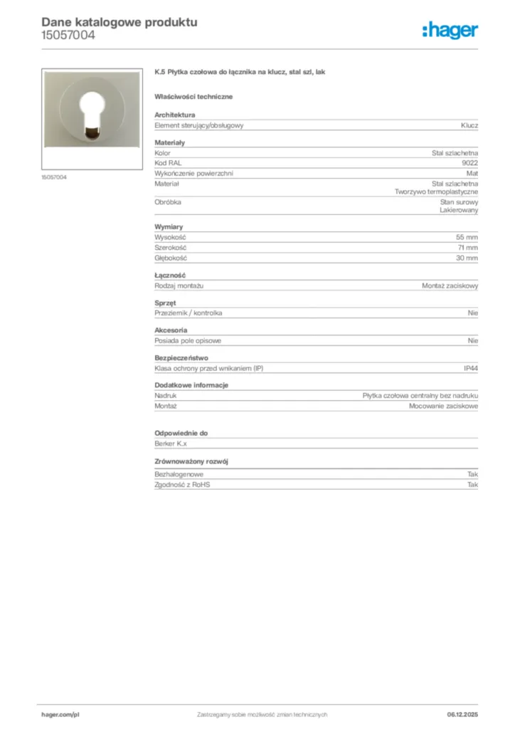 Zdjęcie Hager Karta katalogowa 15057004 | Hager Polska