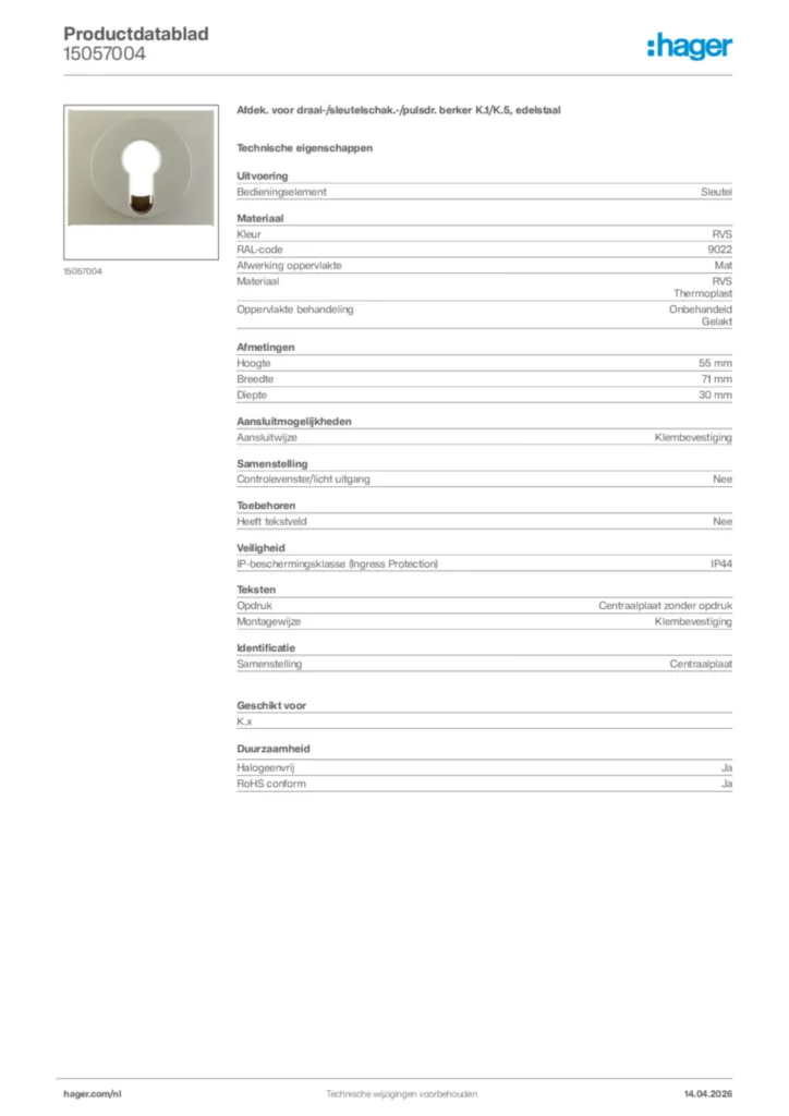 Afbeelding Hager Productdatablad 15057004 | Hager Nederland