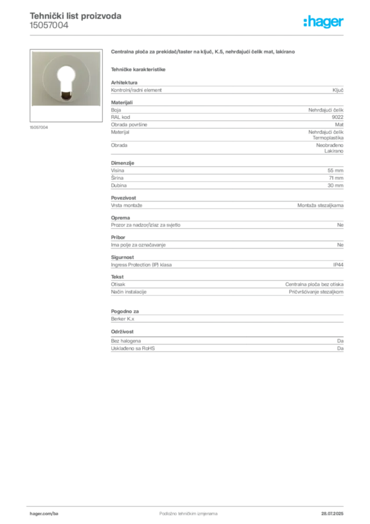 Slika Hager Product data sheet 15057004  | Hager