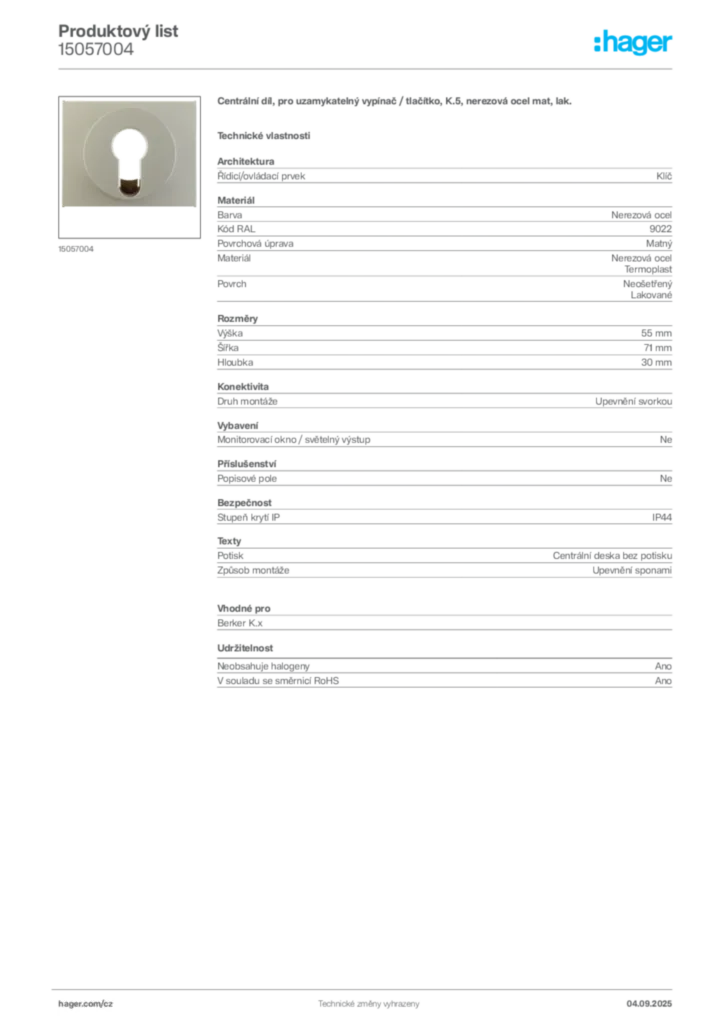 Obrázek Hager Produktový list 15057004 | Hager