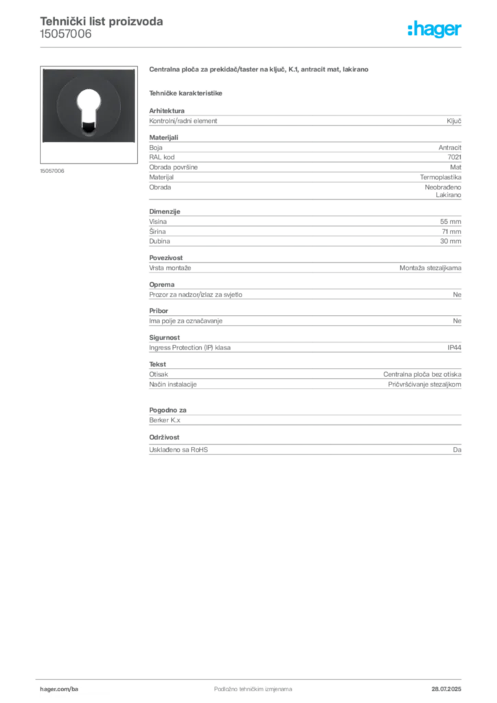 Slika Hager Product data sheet 15057006  | Hager