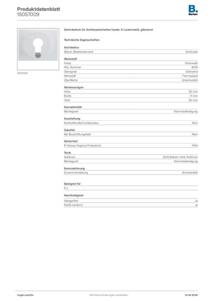 Bild Berker Produktdatenblatt 15057009 | Hager Deutschland