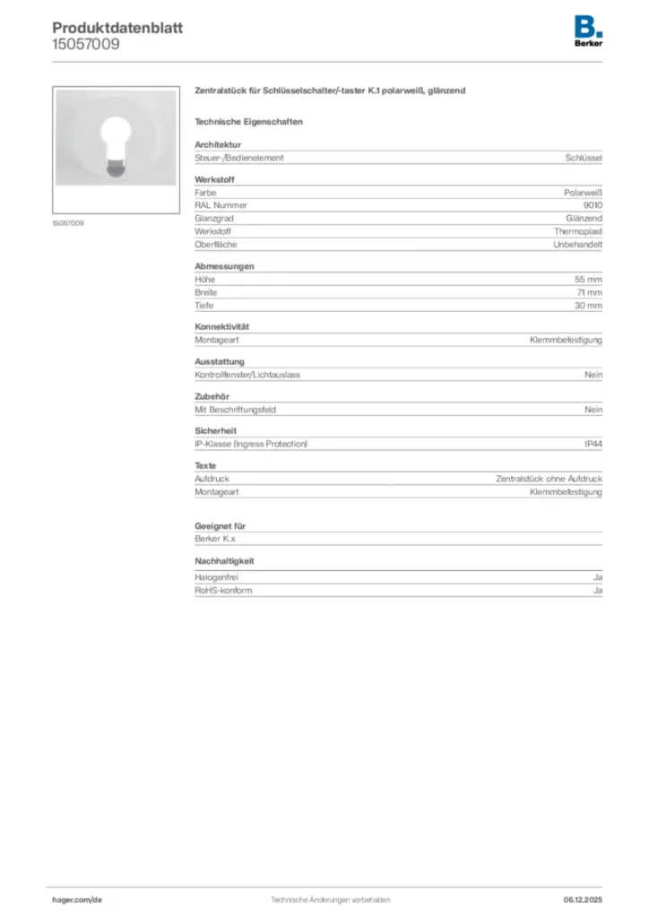 Bild Berker Produktdatenblatt 15057009 | Hager Deutschland