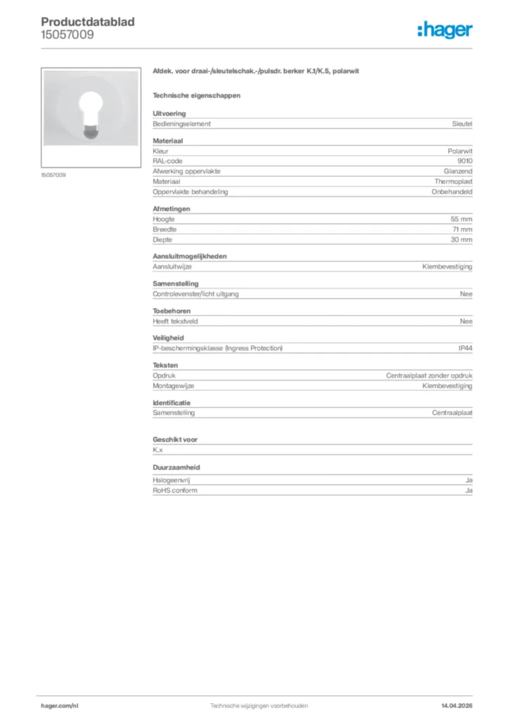 Afbeelding Hager Productdatablad 15057009 | Hager Nederland