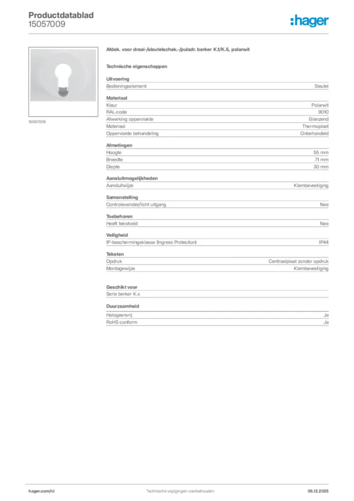 Afbeelding Hager Productdatablad 15057009 | Hager Nederland