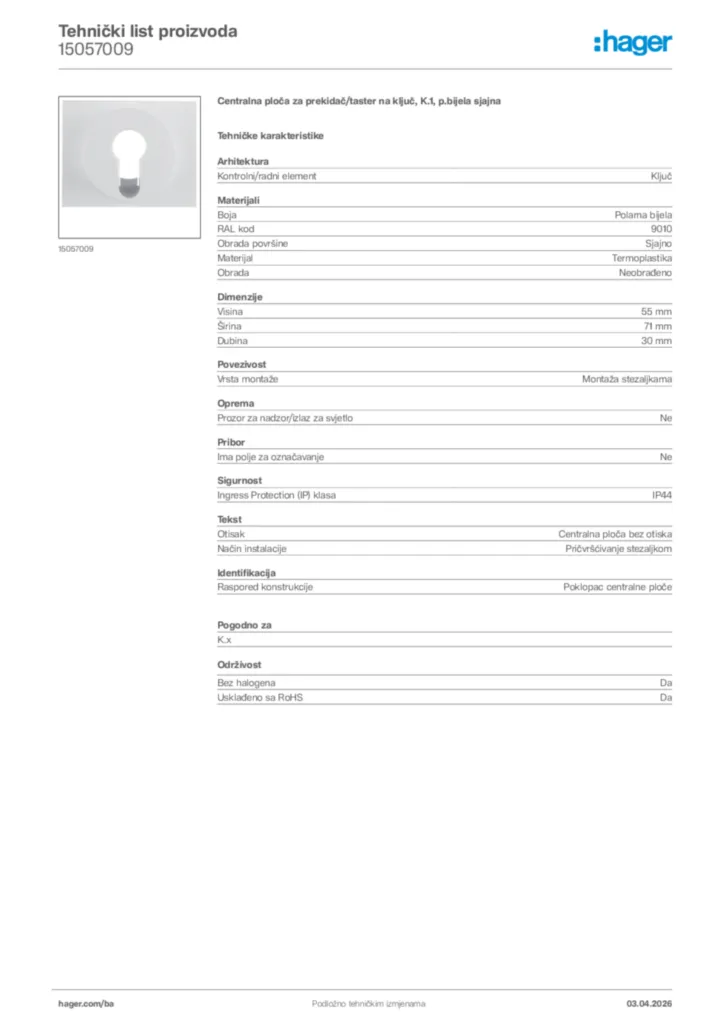 Slika Hager Tehnički list proizvoda 15057009  | Hager
