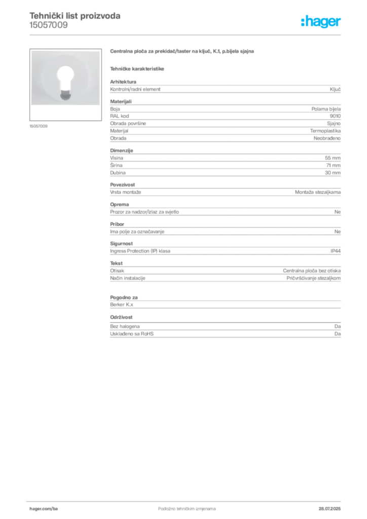 Slika Hager Product data sheet 15057009  | Hager