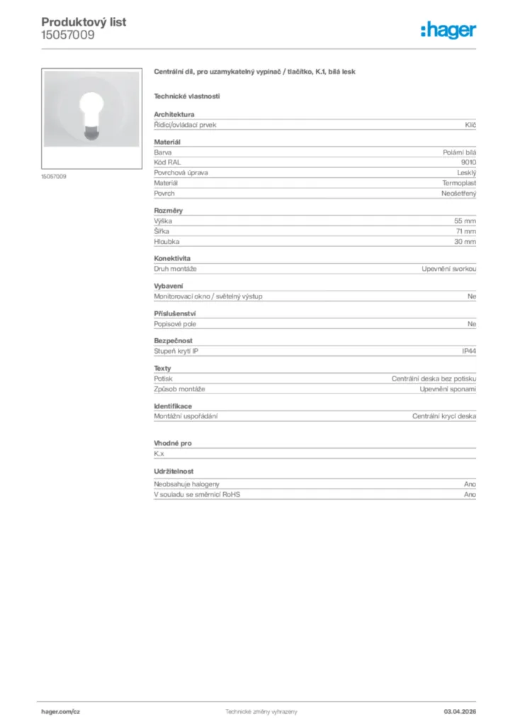 Obrázek Hager Product data sheet 15057009 | Hager