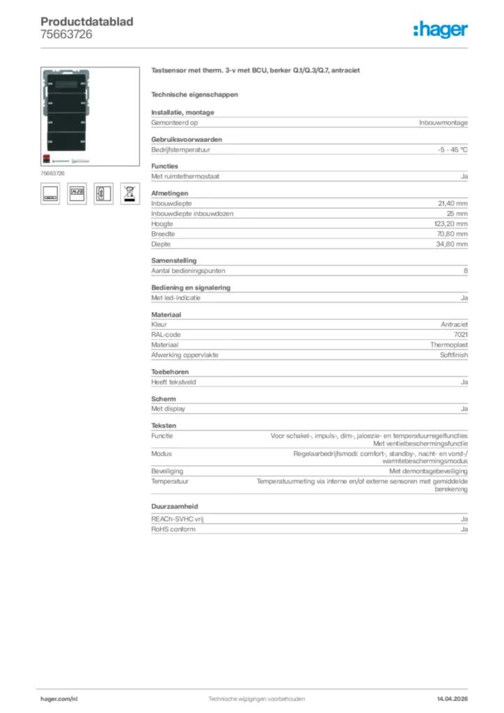 Afbeelding Hager Productdatablad 75663726 | Hager Nederland
