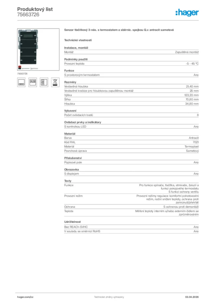 Obrázek Hager Product data sheet 75663726 | Hager