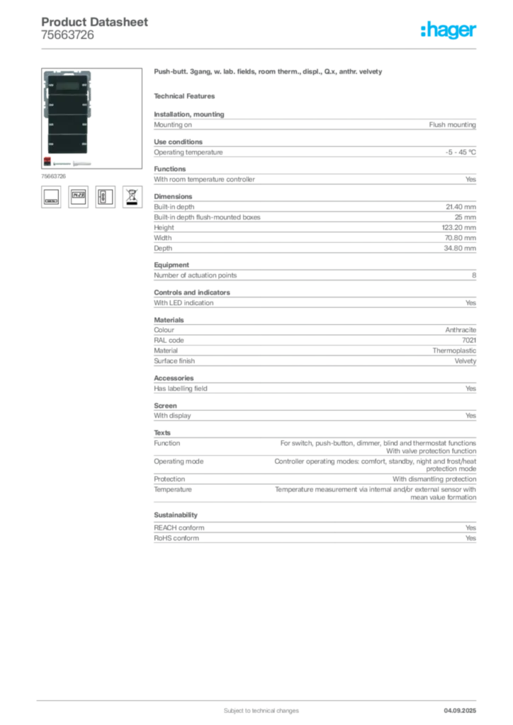 Image Hager Product data sheet 75663726  | Hager